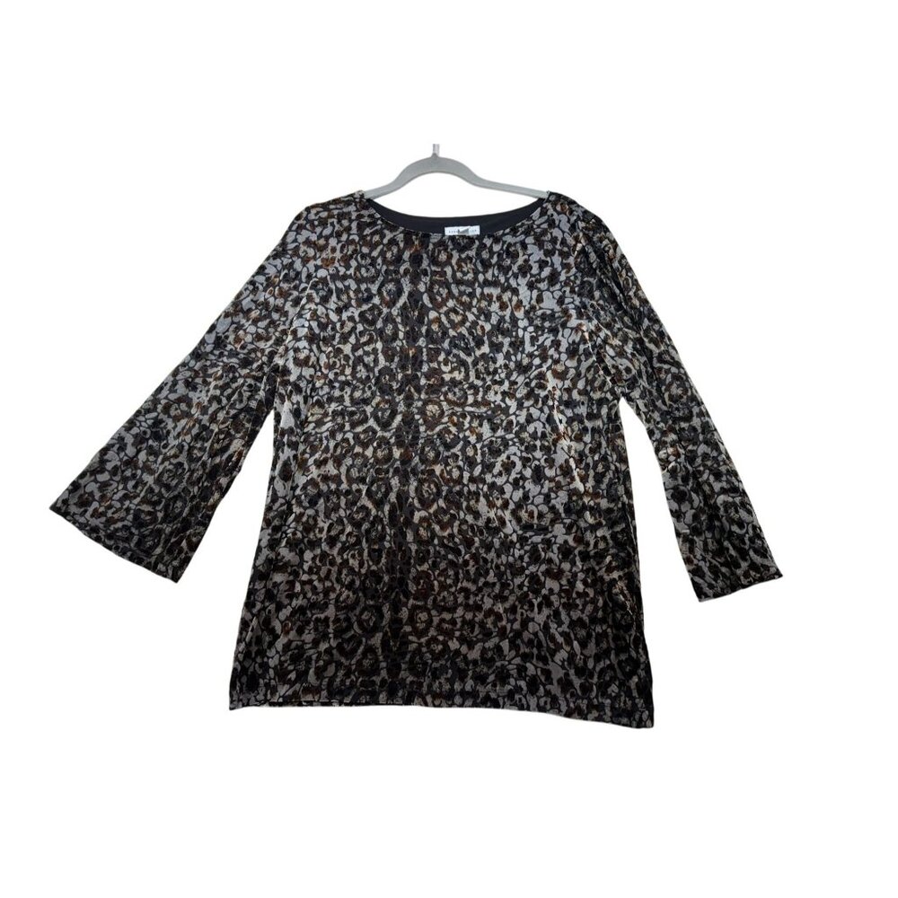 Susan Graver Womens Leopard Print Long Open Sleeve Tunic Top L Black Brown Stret
